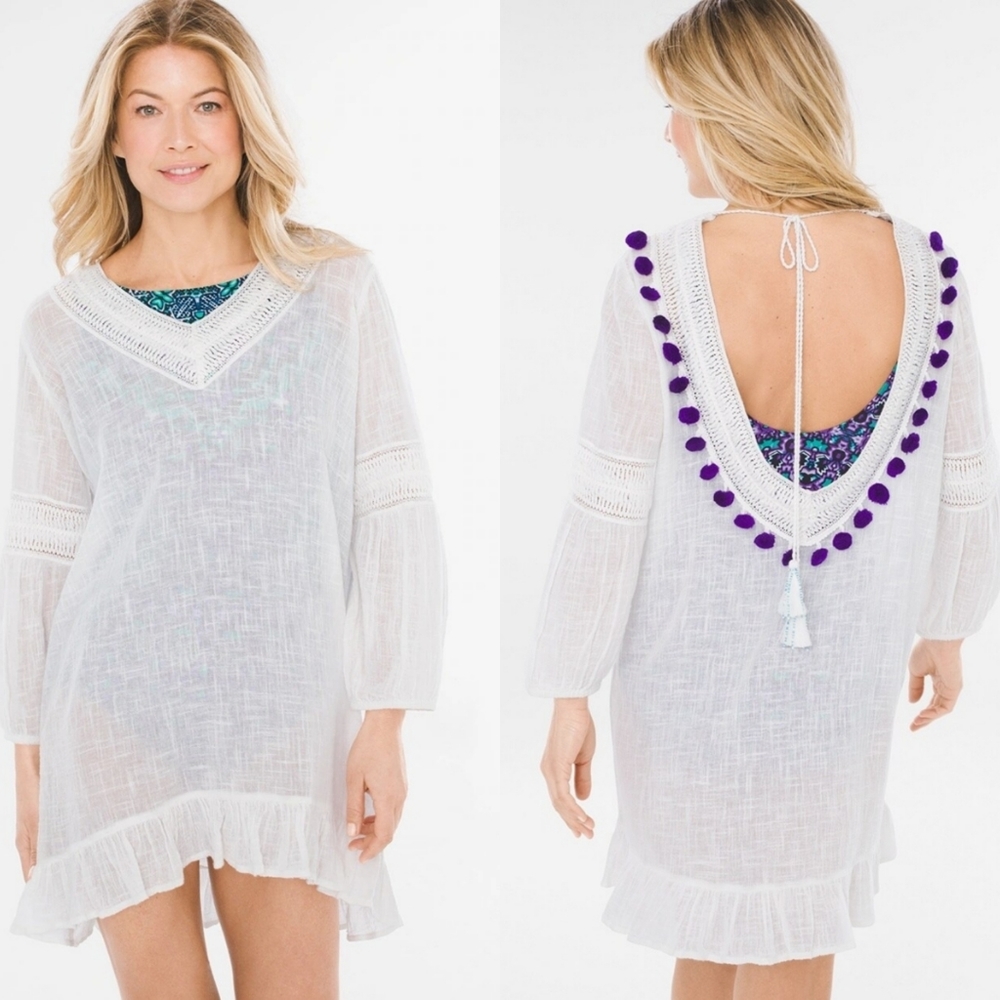 Chico's Swim Coverup Caftan with Pom Pom Tassels Beach Vacation White Size L